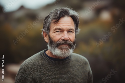 Portrait of a senior man with gray beard and mustache in nature.