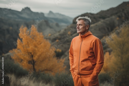 Handsome middle-aged man in an orange tracksuit standing in the autumn mountains