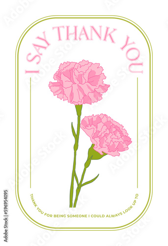 Card template with pink carnation flower illustration design for 'Mother's Day' concept. Simple and stylish thank you card, panel design illustration graphic set in arched frame.