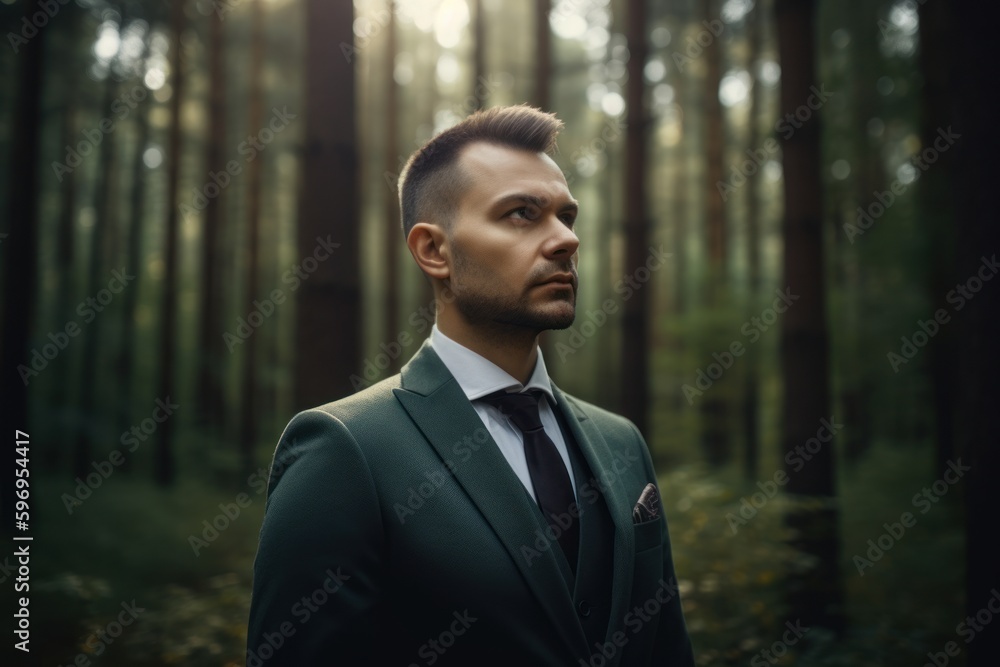 Portrait of a handsome young man in a green suit in the forest Portrait of a handsome young man in a green suit in the forest