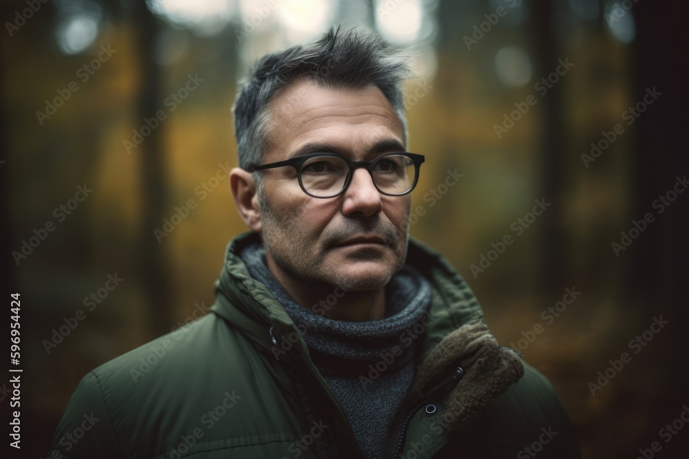 Portrait of a man with glasses in the autumn forest. Toned. Portrait of a man with glasses in the autumn forest. Toned.