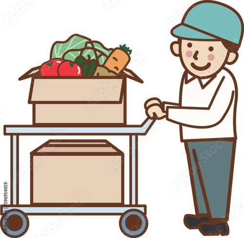 野菜をカートで運ぶ帽子をかぶった笑顔の男性。