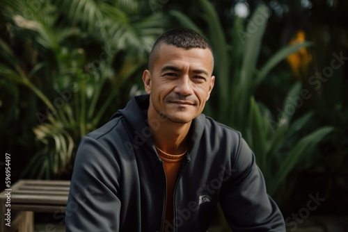 Lifestyle portrait photography of a pleased man in his 30s wearing a comfortable tracksuit against a hawaiian or polynesian background. Generative AI © Robert MEYNER