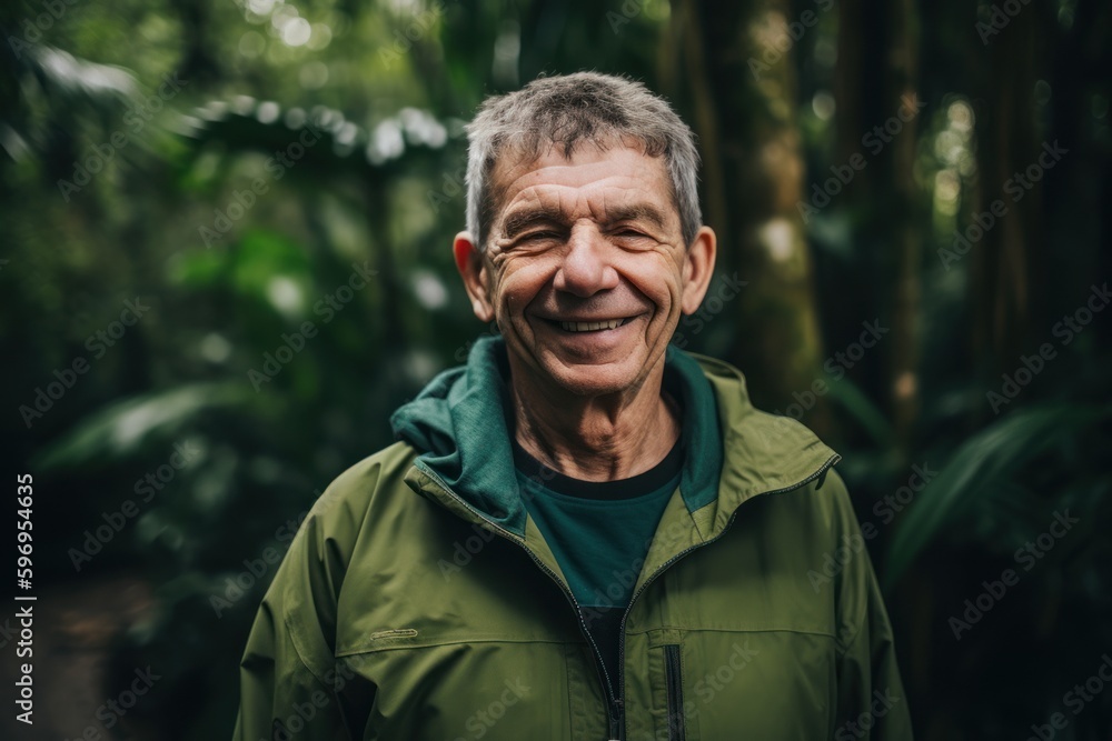 Portrait of a smiling senior man in a green jacket in the forest Portrait of a smiling senior man in a green jacket in the forest