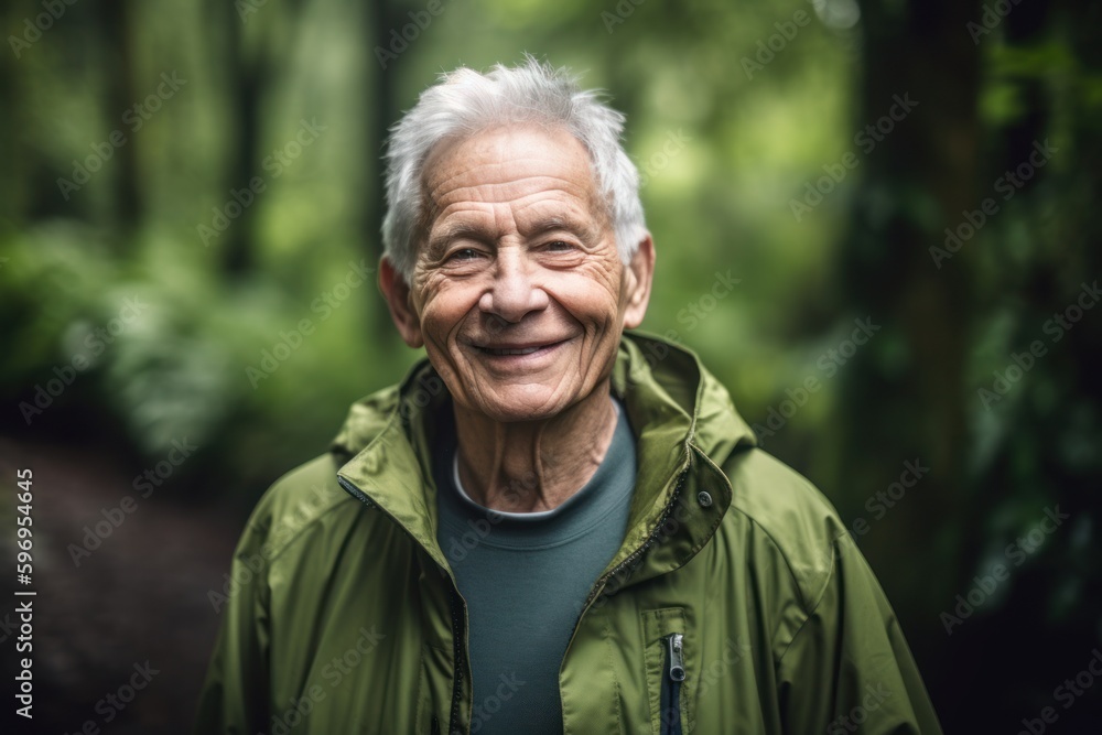 Portrait of smiling senior man standing in the forest and looking at camera Portrait of smiling senior man standing in the forest and looking at camera