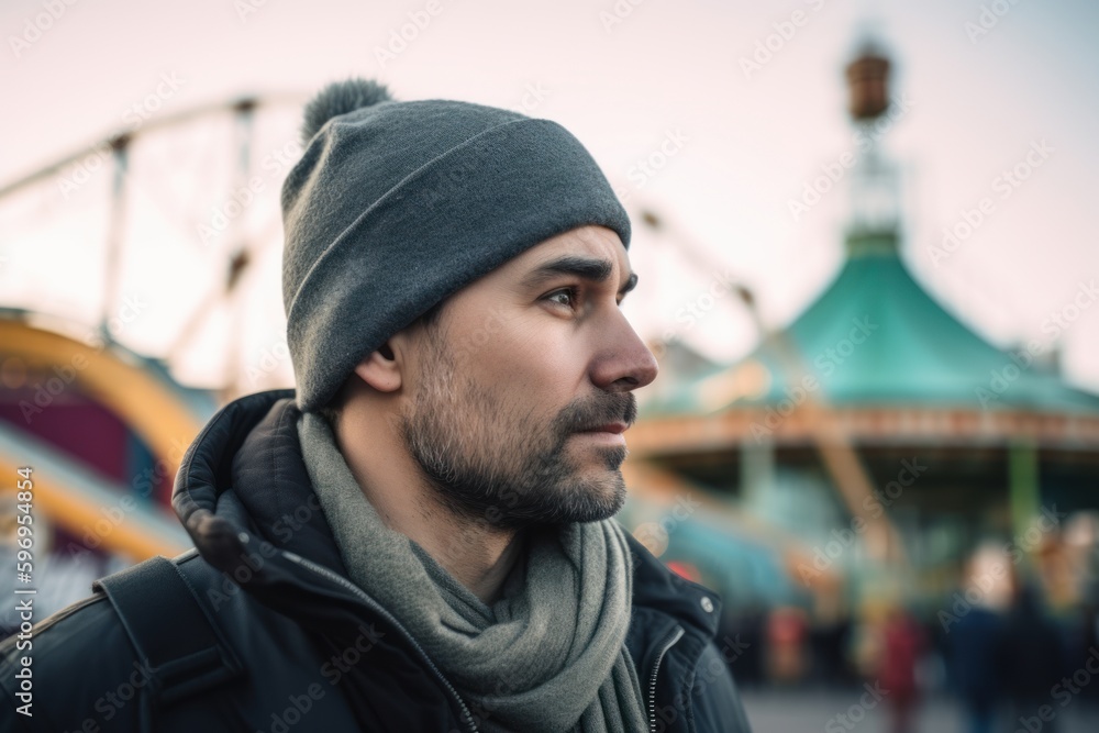 Young handsome bearded man with long hair posing at the amusement park. Young handsome bearded man with long hair posing at the amusement park.