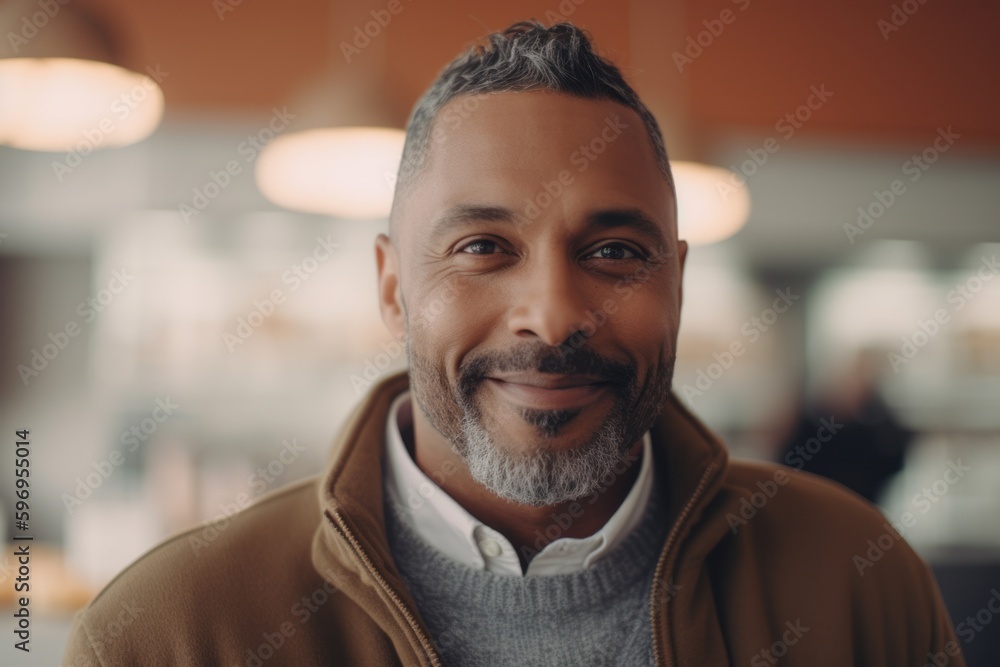 Portrait of smiling mature man looking at camera while standing in cafe Portrait of smiling mature man looking at camera while standing in cafe