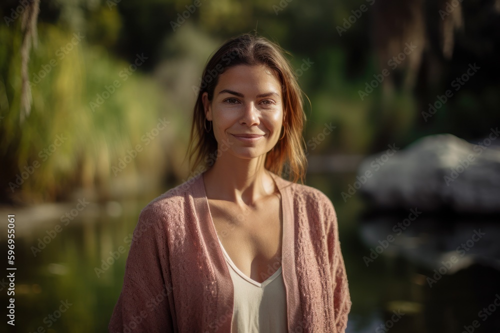 Portrait of a beautiful young woman on a background of a lake