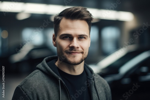 Portrait of a handsome young man in a car salon. Men's beauty, fashion.