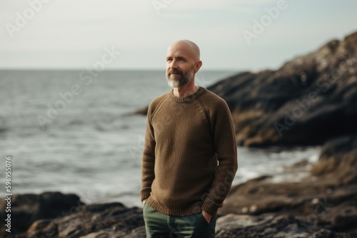 Portrait of a senior man standing on the rocks by the sea.