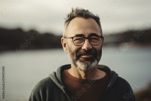 Portrait of a handsome senior man with gray beard wearing glasses and sweater.
