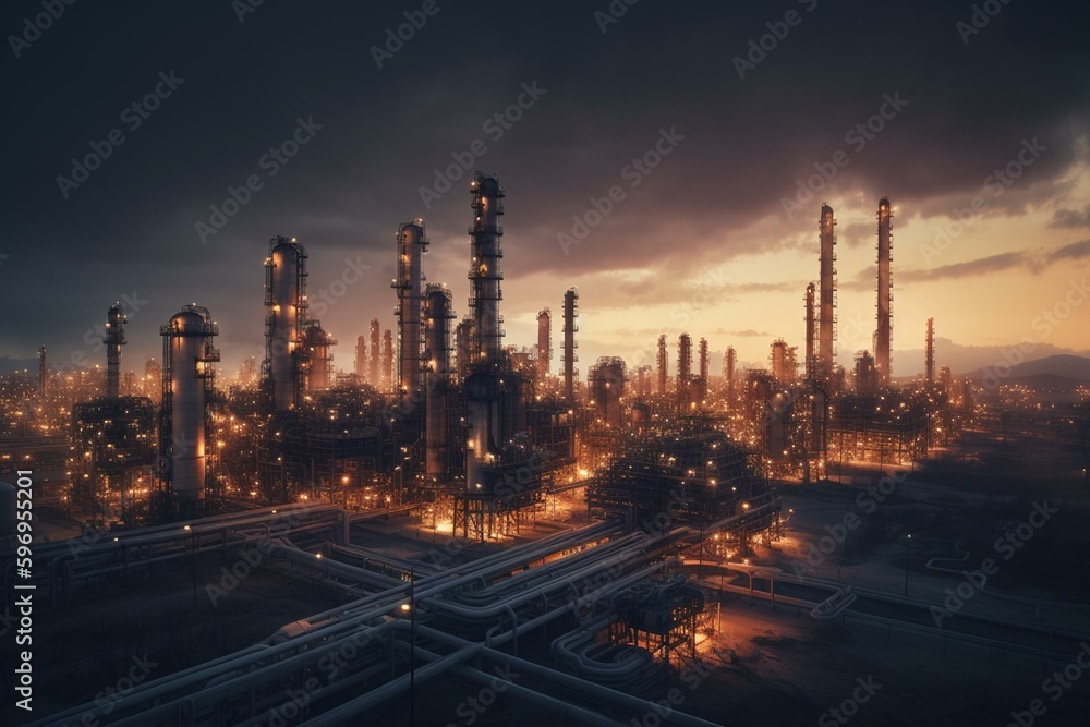 Illustrated dawn view of a big refinery that has pipelines attached. Generative AI