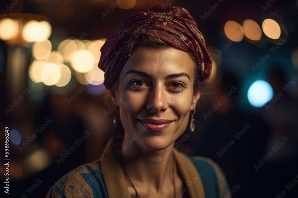 Portrait of a beautiful young woman with headscarf at night