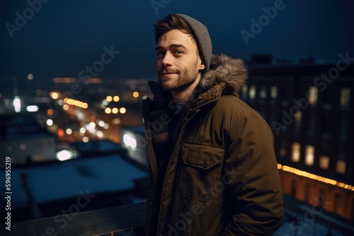 Portrait of a handsome young man in a winter jacket on the background of the night city.