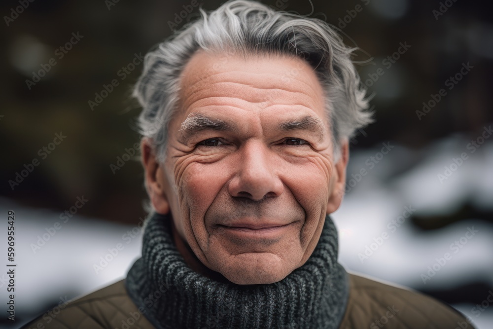 Headshot portrait photography of a pleased man in his 60s wearing a cozy sweater against a tundra or icy landscape background. Generative AI