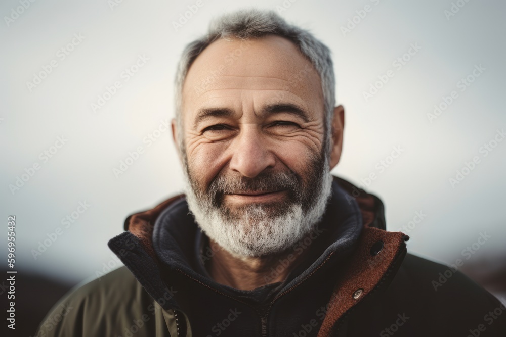 Portrait of a senior man with grey hair and beard smiling outdoors Portrait of a senior man with grey hair and beard smiling outdoors