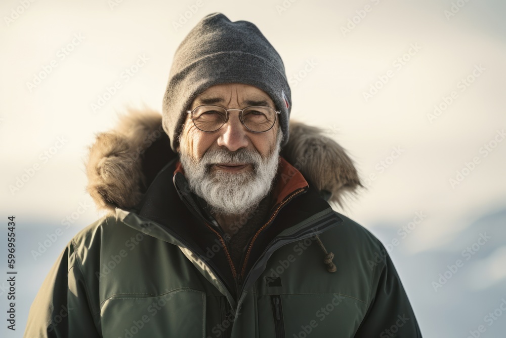 Portrait of senior man with grey beard wearing warm clothes outdoors in winter Portrait of senior man with grey beard wearing warm clothes outdoors in winter