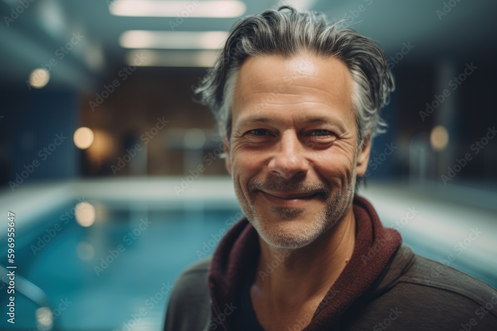 Group portrait photography of a grinning man in his 40s wearing a cozy sweater against an indoor pool or swimming background. Generative AI Group portrait photography of a grinning man in his 40s wearing a cozy sweater against an indoor pool or swimming background. Generative AI