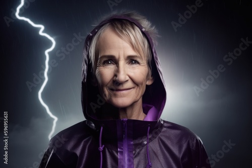 Portrait of senior woman in raincoat with lightning above her head