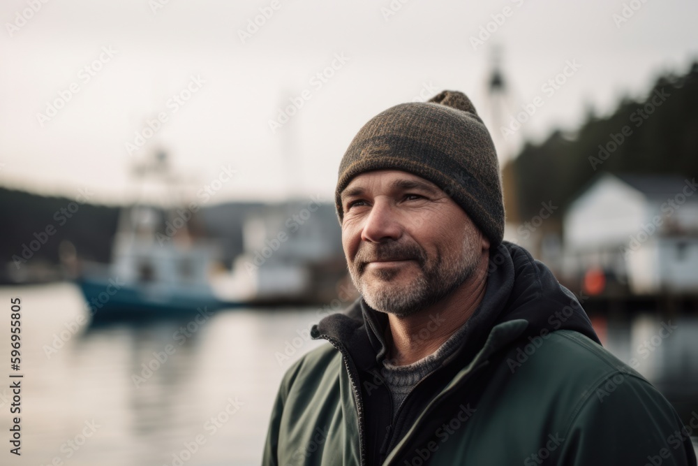 Portrait of a handsome man in a green jacket and hat on the background of a fishing boat Portrait of a handsome man in a green jacket and hat on the background of a fishing boat