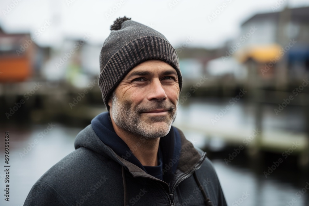 Portrait of a handsome middle-aged man wearing a hat and jacket standing in the city Portrait of a handsome middle-aged man wearing a hat and jacket standing in the city
