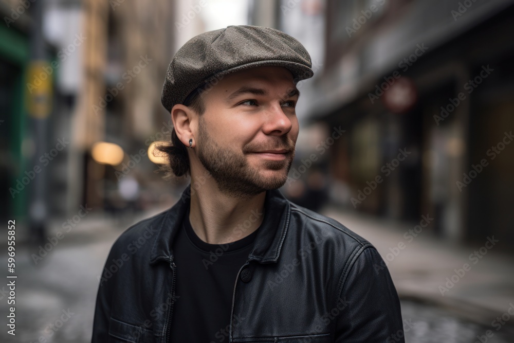 Portrait of a handsome young man with a cap in the city