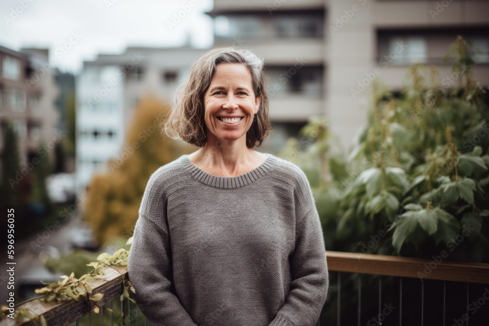 Portrait of a happy senior woman standing on a balcony in the city Portrait of a happy senior woman standing on a balcony in the city
