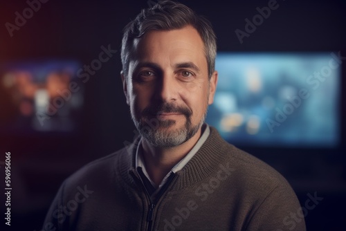 Portrait of mature man looking at camera while sitting in front of television