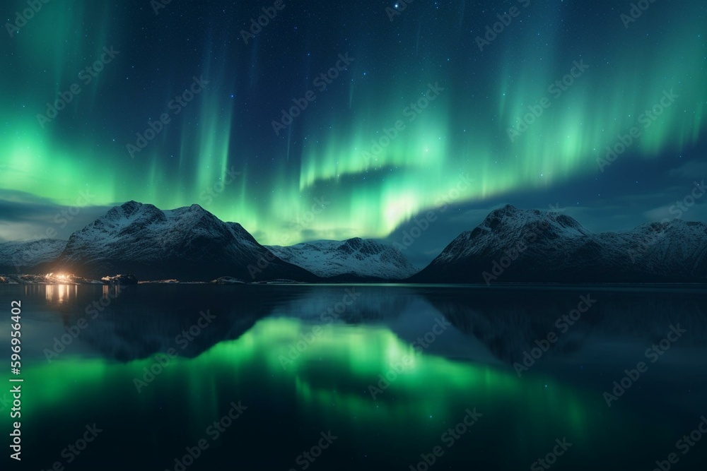 Reflection of aurora in water, blue northern lights banner with room for text. Generative AI