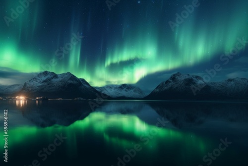 Reflection of aurora in water, blue northern lights banner with room for text. Generative AI © Euphemia