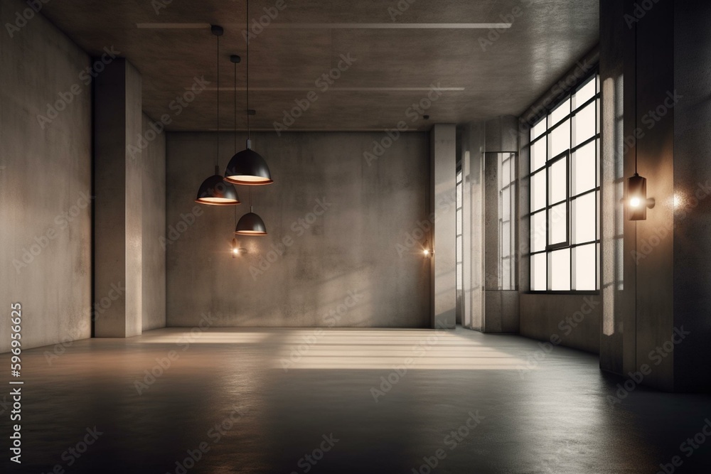 3D render of empty loft room with polished concrete floor and warm, hidden ceiling lights. Generative AI