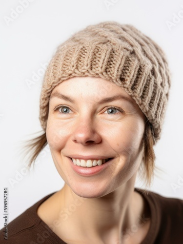 Portrait of a beautiful young woman in a knitted hat on a white background