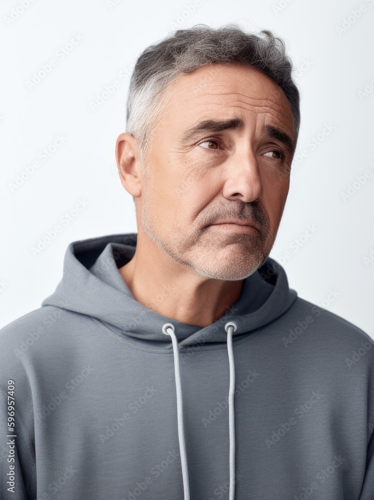 Portrait of serious mature man in grey hoodie looking at camera Portrait of serious mature man in grey hoodie looking at camera