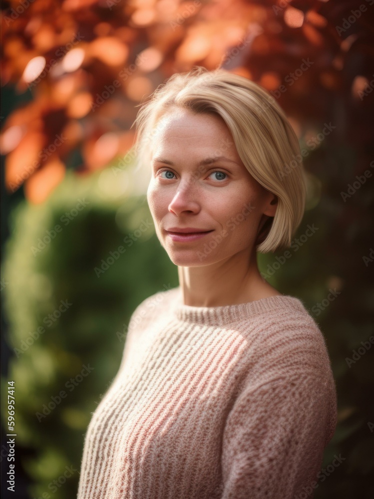 Portrait of a young woman in a pink sweater on a background of autumn leaves Portrait of a young woman in a pink sweater on a background of autumn leaves