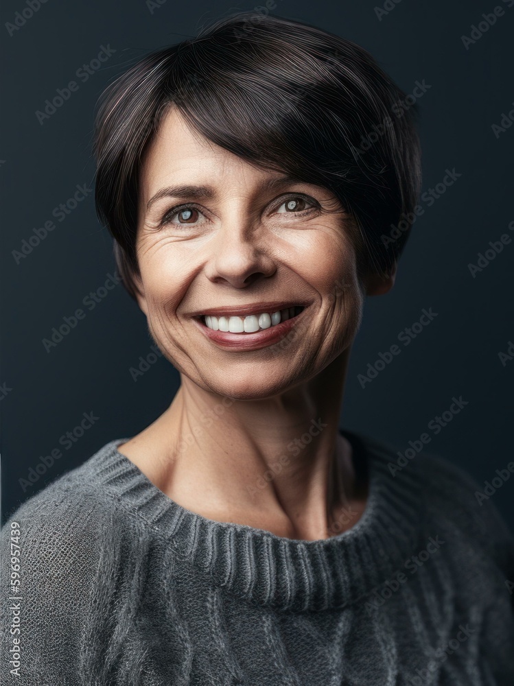 Portrait of a smiling middle-aged woman in a gray sweater Portrait of a smiling middle-aged woman in a gray sweater