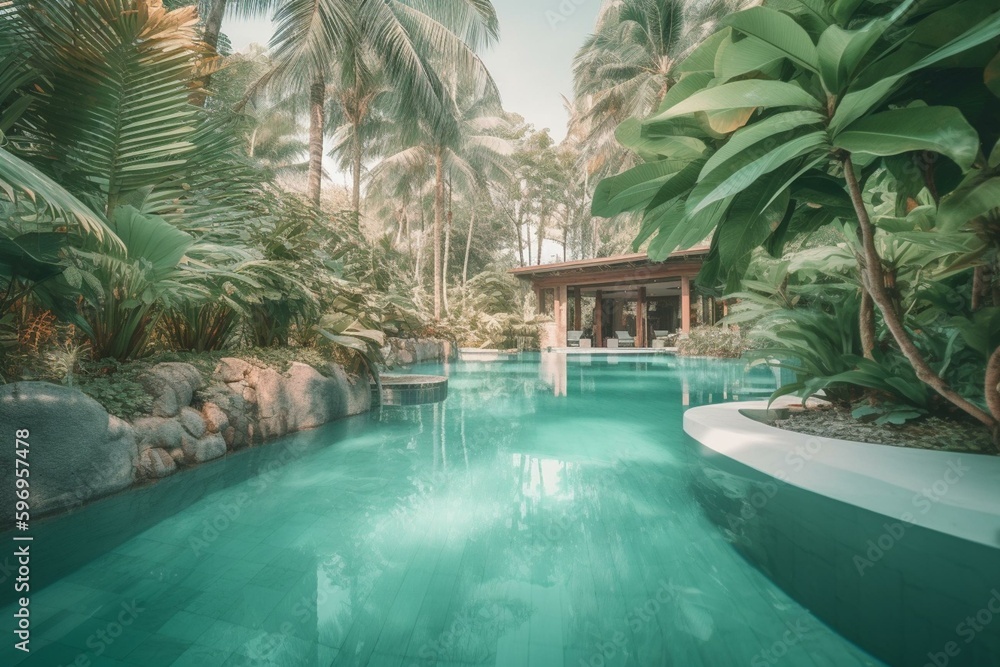 Tropical blue-green resort pool. Generative AI