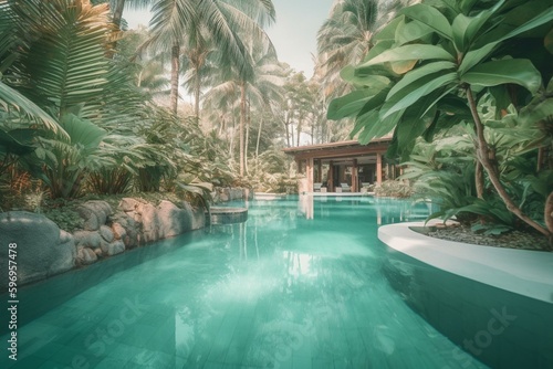 Tropical blue-green resort pool. Generative AI