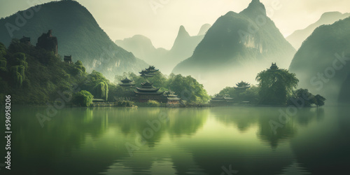 Somewhere in China in the morning on the river spiritual temples. AI  Generation 