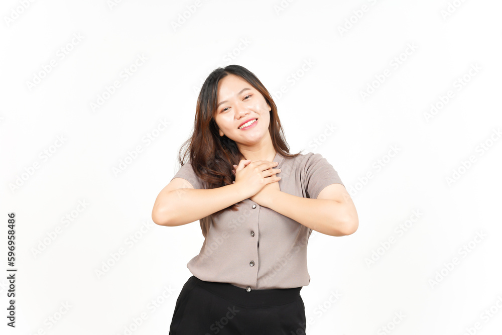 Grateful and Self Love Gesture Of Beautiful Asian Woman Isolated On White Background Grateful and Self Love Gesture Of Beautiful Asian Woman Isolated On White Background