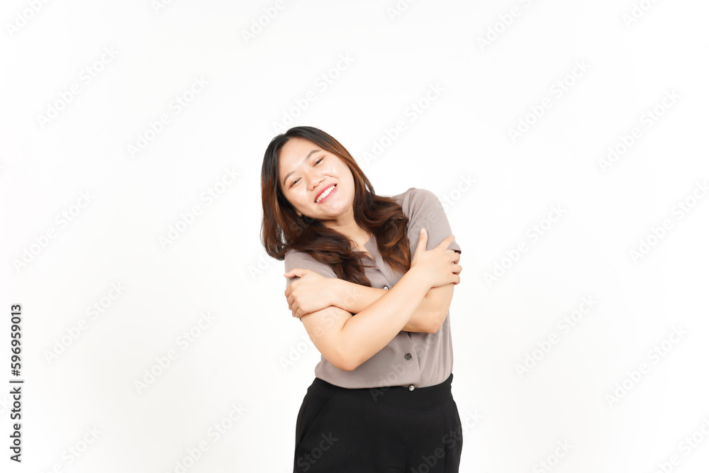 Smiling and Hug Yourself Of Beautiful Asian Woman Isolated On White Background Smiling and Hug Yourself Of Beautiful Asian Woman Isolated On White Background