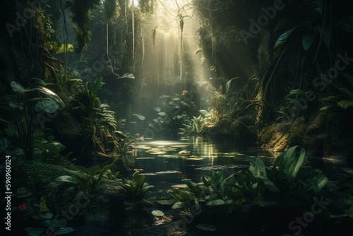 Enchanted jungle with illuminated water  verdant flora amidst surreal backdrop. Generative AI