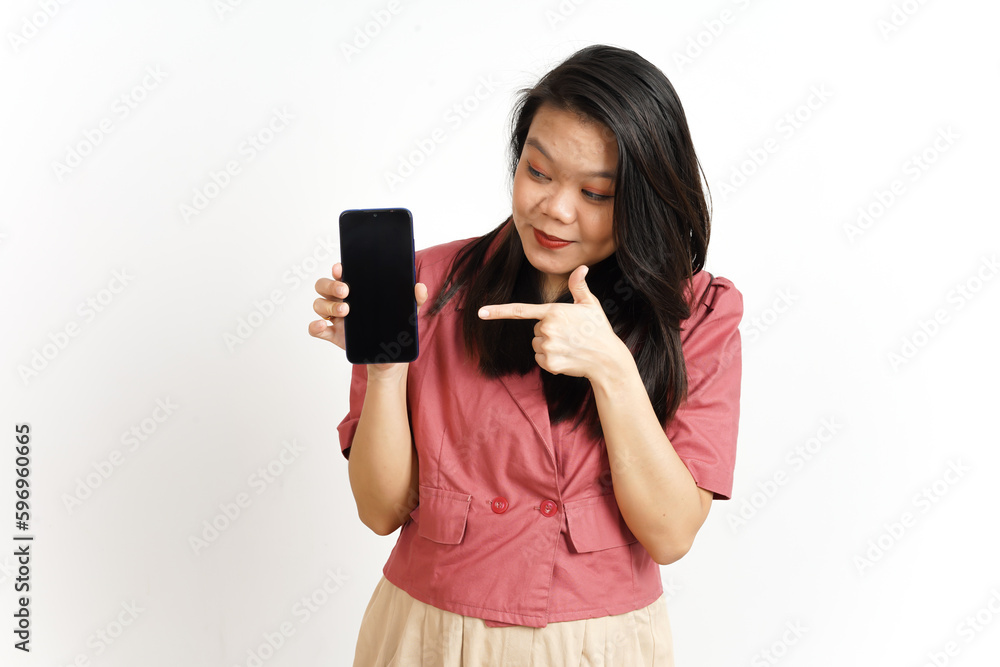 Showing Apps or Ads On Blank Screen Smartphone Of Beautiful Asian Woman Isolated On White Background Showing Apps or Ads On Blank Screen Smartphone Of Beautiful Asian Woman Isolated On White Background