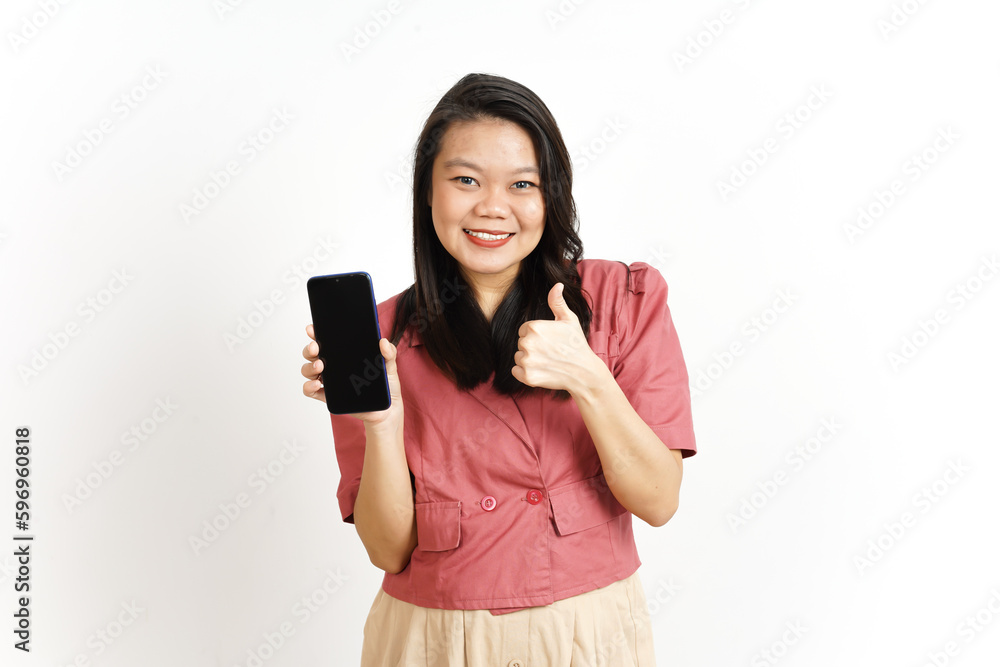 Showing Apps or Ads On Blank Screen Smartphone Of Beautiful Asian Woman Isolated On White Background Showing Apps or Ads On Blank Screen Smartphone Of Beautiful Asian Woman Isolated On White Background