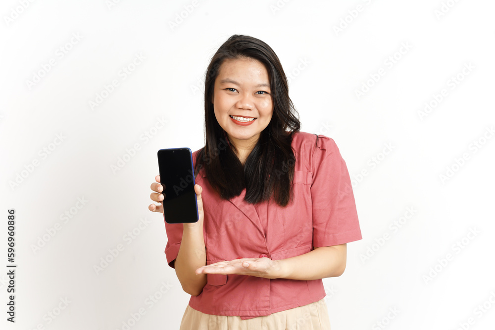 Showing Apps or Ads On Blank Screen Smartphone Of Beautiful Asian Woman Isolated On White Background Showing Apps or Ads On Blank Screen Smartphone Of Beautiful Asian Woman Isolated On White Background