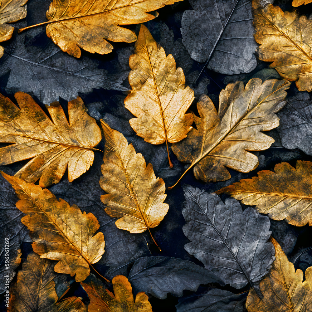 Pattern of golden metallic and charcoal leaves on a black background