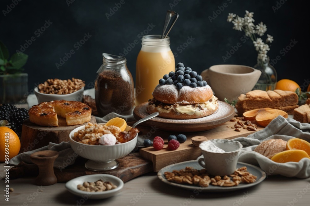 Closeup of delicious and nutritious breakfast and desserts. Generative AI
