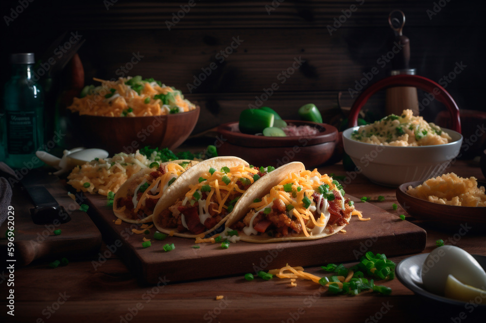 tacos with hashbrowns, scrambled, eggs and bacon topped with cheese and green onion. AI generated