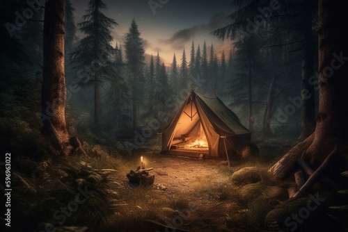 Tent adventure print depicts wildlife and forest camping outdoor experience. Generative AI