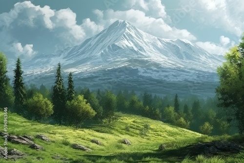 Mountain Landscape with green pine trees and with snow on the top of the mountains
