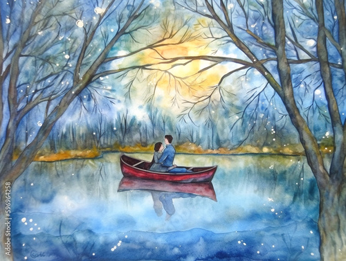 A watercolor painting of a couple in a boat on a river